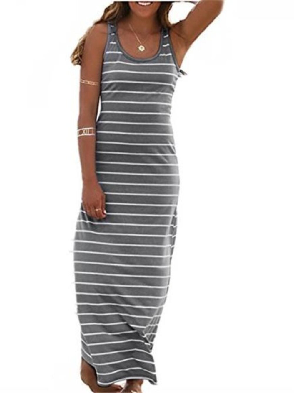 Women Sleeveless Scoop Neck Striped Maxi Sundresses Loose Racerback